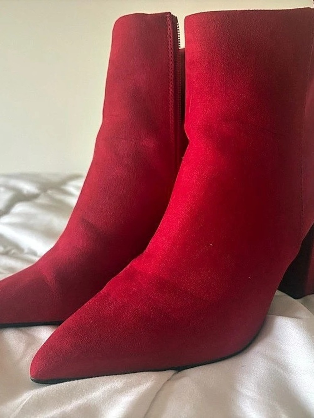 Red Pointed-Toe Heeled Ankle Boots